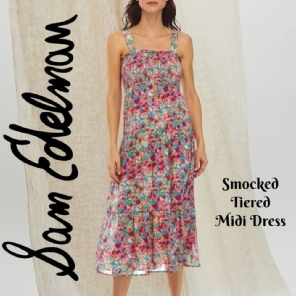 SAM EDELMAN Chiffon Floral Print Smocked Top Tiered Skirt Midi Dress-NWT/Sz.10